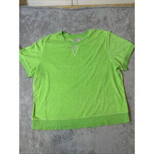 Quacker Factory 2X Green Terry Cloth Short Sleeve Top Rhinestone Accent